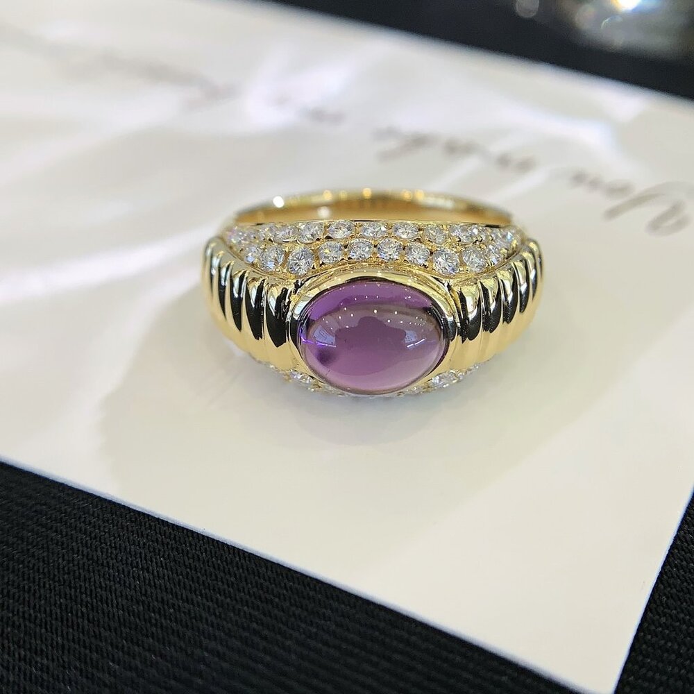 Oval Ruby Cabochon Ring With Diamond Accents, Vin… - image 1